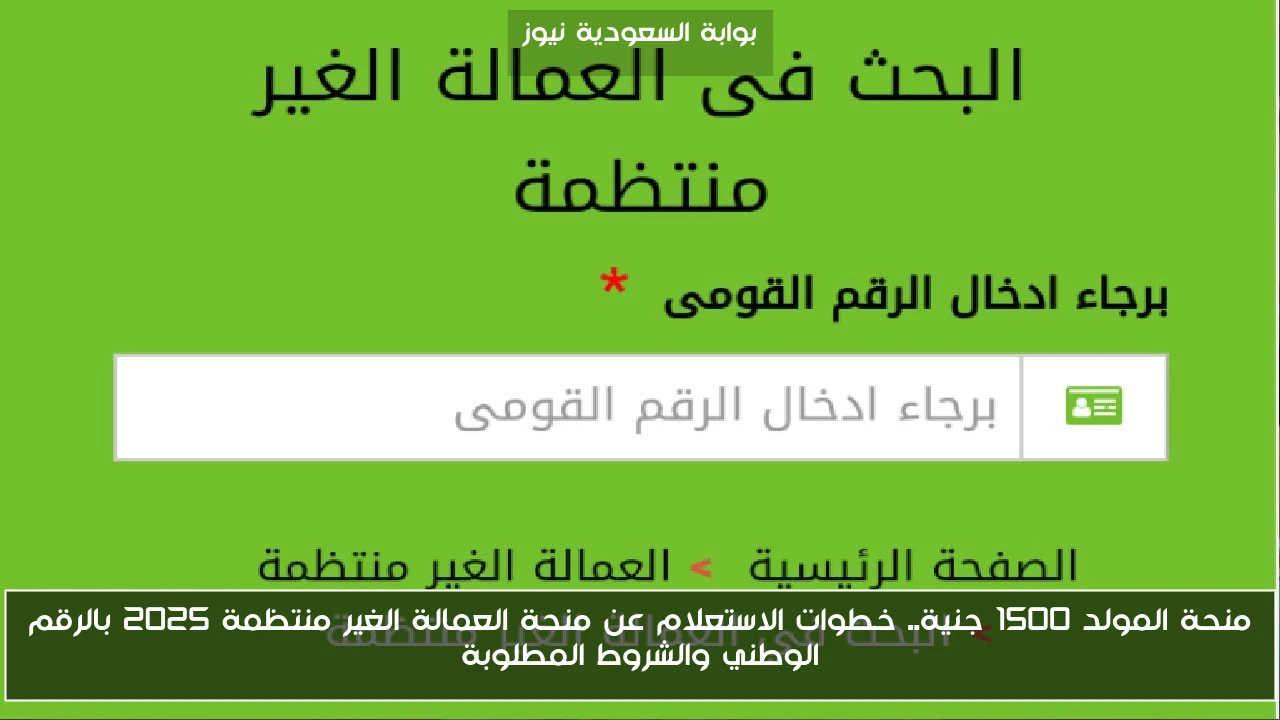 منحة المولد 1500 جنية.. خطوات الاستعلام عن منحة العمالة الغير منتظمة 2025 بالرقم الوطني والشروط المطلوبة