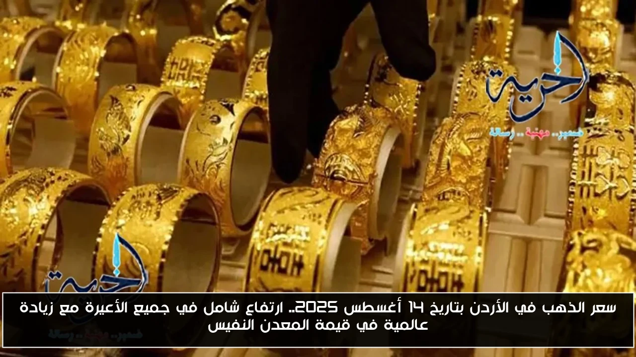 سعر الذهب في الأردن بتاريخ 14 أغسطس 2025.. ارتفاع شامل في جميع الأعيرة مع زيادة عالمية في قيمة المعدن النفيس